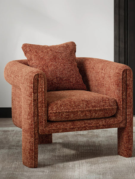 A contemporary vermillion chair set against a backdrop of a room with a window, highlighting the elegance of modern design.