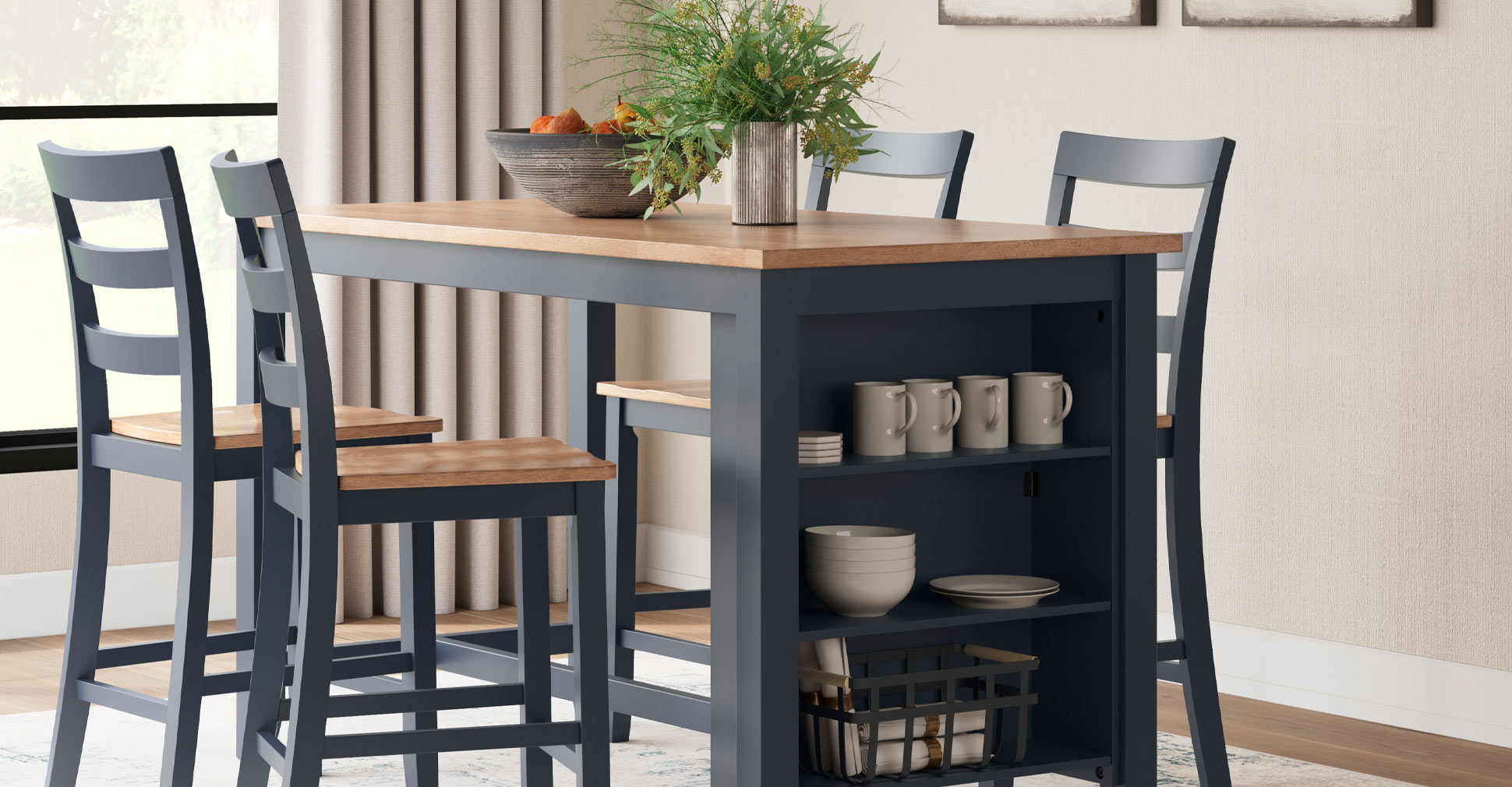 A cozy kitchen setting featuring a table with four chairs and a shelf filled with kitchen essentials.